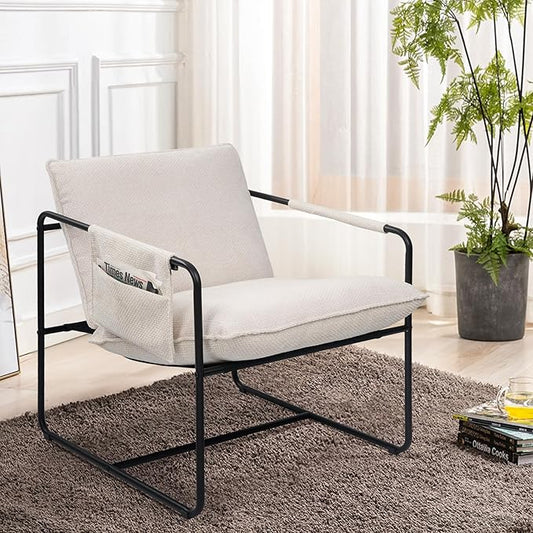 Accent Chair with Metal Frame, Upholstered Living Room Chairs with Cushions, Comfy Reading Armchair for Bedroom Beige