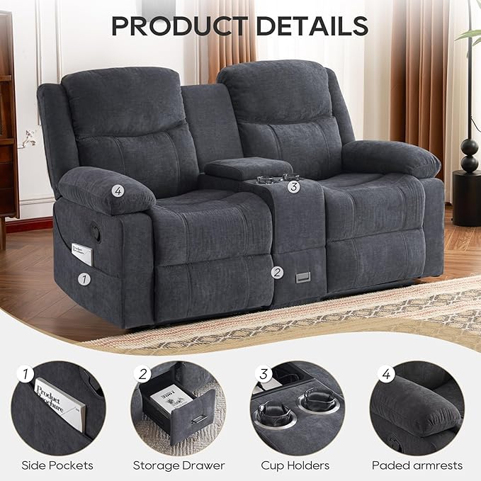 Recliner Sofa, Reclining Loveseat Sofa with Massage & Heat, Reclining Couch with Side Pockets, Extra Storage, Cup Holders for Living Room