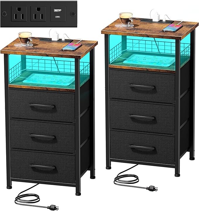 Night Stand Set 2 with Charging Station, End Table Set of 2 with 20 Colors LED Light Strip, 3 Fabric Drawers, Bedside Table with USB Ports and Outlets for Bedroom (Rustic Brown)