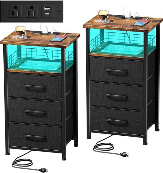 Night Stand Set 2 with Charging Station, End Table Set of 2 with 20 Colors LED Light Strip, 3 Fabric Drawers, Bedside Table with USB Ports and Outlets for Bedroom (Rustic Brown)