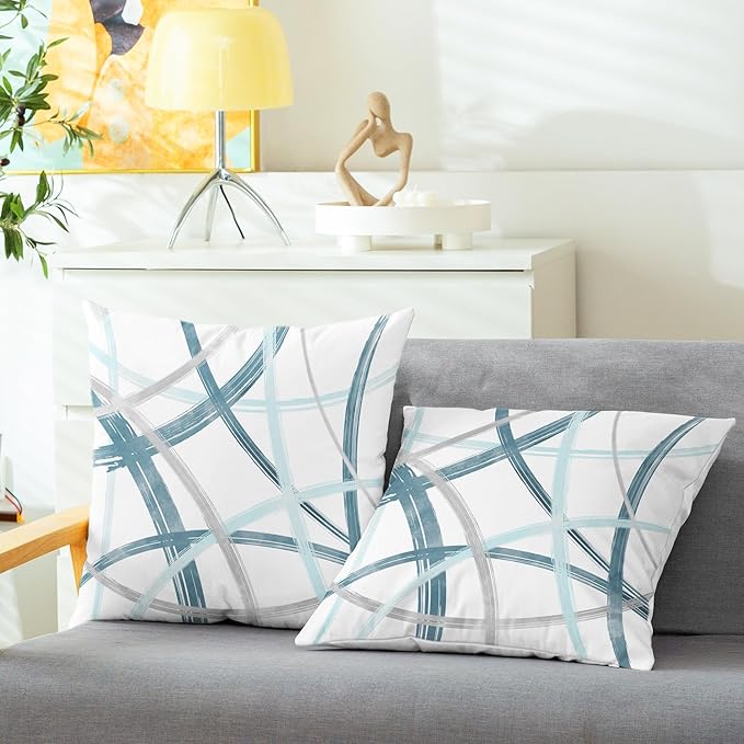 CaliTime Throw Pillow Cases Pack of 2 Cozy Fleece Arc-Shaped Abstract Geometric Lines Decorative Cushion Covers for Couch Bed Sofa Farmhouse Decoration 16 X 16 Inches Smoke Blue Grey