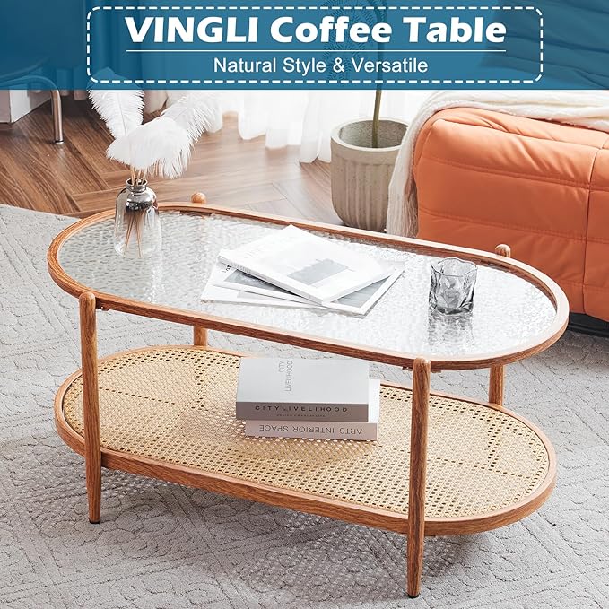 VINGLI 38" Rattan Oval Coffee Table, Water-Wave Glass Metal Center Table, Modern Coffees Table with 2-Tier Storage, Farmhouse Coffe Table for Living Room and Small Space, Natural Vibe