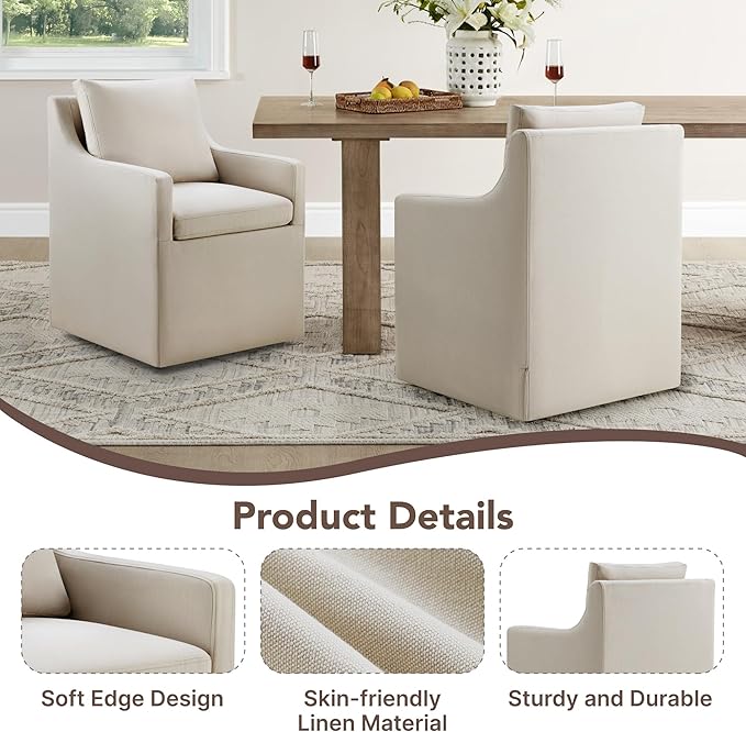 Upholstered Dining Chairs Set of 1, Modern Dining Room Chairs with Casters & Washable Cover, Rolling Accent Chair with Hidden Storage for Kitchen, Farmhouse, Living Room, Flax Beige, 1 Box