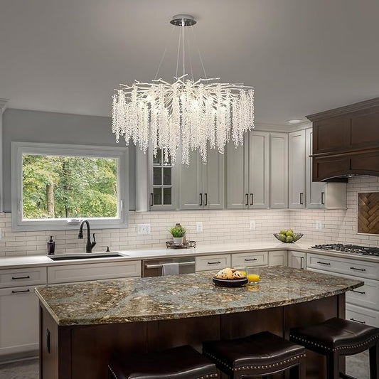 Crystal Tree Branches Chandeliers Luxury Round Raindrop Pendant Light Fixture Ceiling Hanging Light for Dining Room Bedroom Living Room Entryway D31.5“ Silver