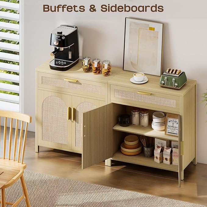 Rattan Sideboard Buffet Cabinet with Storage, Accent Cabinet with Doors and Shelves, Boho Credenza Farmhouse Coffee Bar with Drawers, Kitchen Storage Cabinets for Entryway Living Room,Natural
