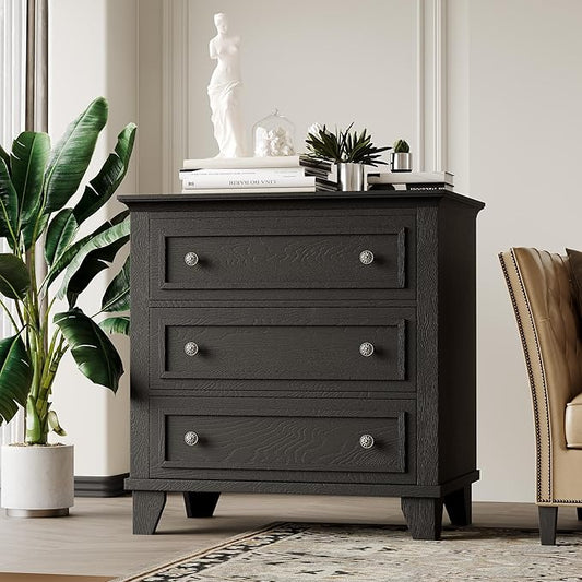 GAOMON 3 Drawer Dresser for Bedroom, Black Wood Chest of Drawers Bedroom Dresser, Rustic Small Drawers Dressers Nightstand Wooden Closet Storage Cabinet for Living Room