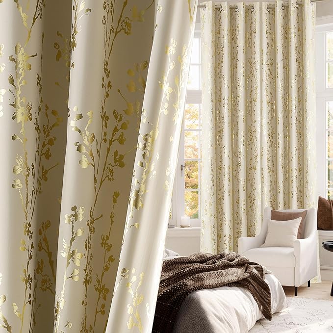 NICETOWN 100% Blackout Beige Curtains for Bedroom, Grommet Gold Foil Printed Floral Blackout Window Treatment Thermal Drapes for Living Room/Nursery, W52 x L63, 2 Panels