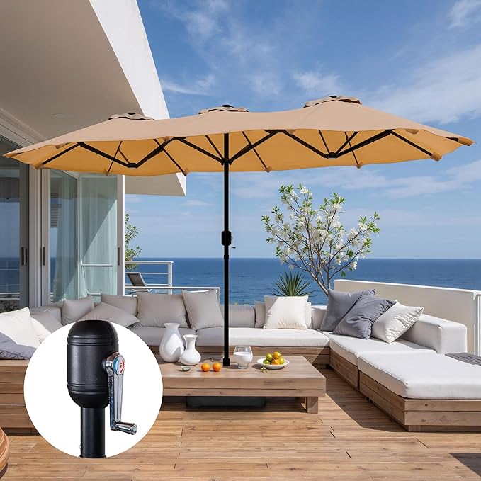 Shintenchi 16FT Large Patio Umbrella with Base Included, Outdoor Double-Sided Rectangular Shade with Crank Handle for Poolside Lawn, Deck & Garden, Khaki