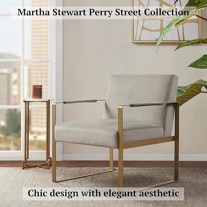 Martha Stewart Upholsterd Accent Chair Living Room Furniture-Modern Design Comfortable Foam Seat Cushion Bedroom Lounge, Sophisticated Finished, Sturdy Frame, 28.5" W x 29" D x 32.5" H, Taupe/Gold