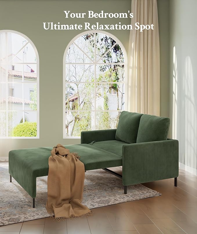 Welzona 47.2" Convertible Sofa Bed Couch, Comfy Corduroy Couch Bed, All in 1 Loveseat Sleeper Sofa, Love Seat Sleeper Bed with 2 Pillows, Modern Couches for Living Room/Apartment/Home/Office, Green