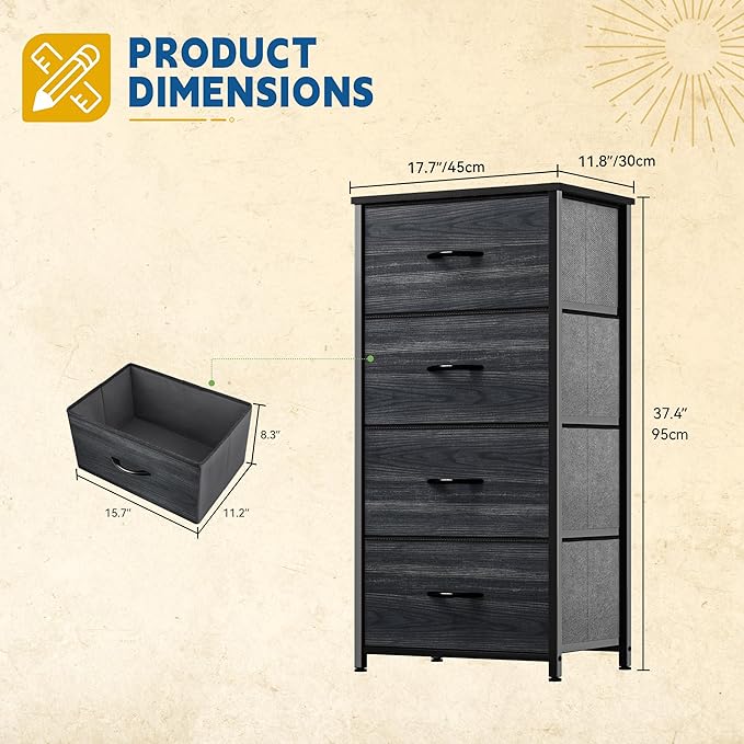 DWVO 4 Drawers Dresser, Dresser for Room, Fabric Storage Tower, Chest of Drawers, Organizer Unit for Closets, Living Room, Sturdy Steel Frame, Wooden Top, Easy Pull Fabric Bins