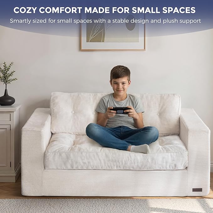 MAXYOYO Loveseat Sofa Couch, Upholstered Bean Bag Chair Cloud 2-Seat for Adults, Boneless Couch with Tufted Cushion & Pillows, Sofa in A Box, No Assembly Required, Beige
