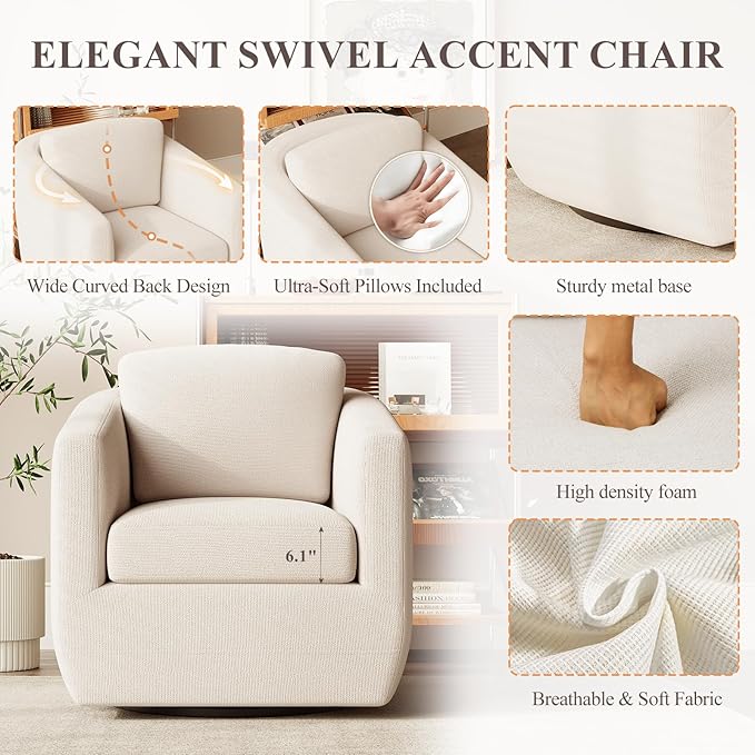 360° Swivel Accent Chair Set of 2- Comfy Living Room Armchair No-Sag Foam & Sturdy Metal Base with Pillow, Fully Assembled Swivel Accent Single Sofa for Bedroom Living Room, Office, Beige