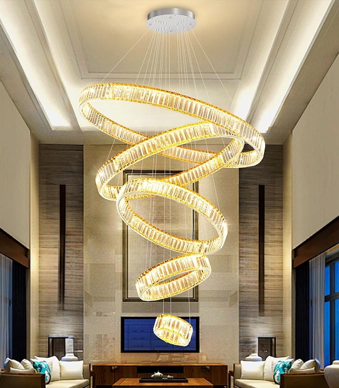 Large Ring Crystal Chandelier Modern Dimmable Chandelier High Ceiling Chandelier Round LED Ceiling Light Fixture for Foyer Long Stair Big Chandelier Silver 8''+16''+24''+32''+40''