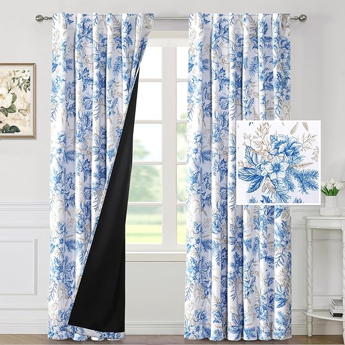 H.VERSAILTEX 100% Blackout Curtains 96 inch Length 2 Panels Set Vintage Floral Printed Drapes Back Tab/Rod Pocket Insulated Curtains for Bedroom with Black Liner Sound Proof Curtains, Blue and Wheat