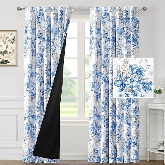 H.VERSAILTEX 100% Blackout Curtains 96 inch Length 2 Panels Set Vintage Floral Printed Drapes Back Tab/Rod Pocket Insulated Curtains for Bedroom with Black Liner Sound Proof Curtains, Blue and Wheat