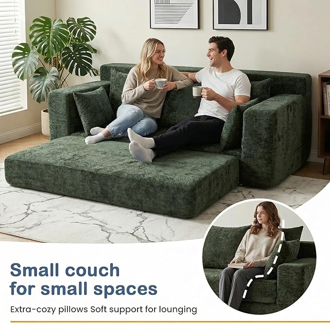 Boneless Couches 70", 3 Seater Boneless Couch with Pull Out Sofa Bed, Boneless Couch Bed with 5 Pillows Green, Plush Velvet Sofa for Living Room & Bedroom