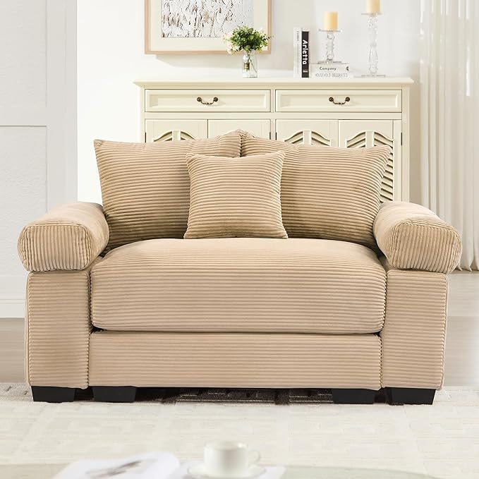KEIKI 54" Oversized Corduroy Modular Sectional Single Sofa with High-Density Foam Cushions, Extra-Thick Armrests, Upholstered Modern 1-Seater Lounge Accent Chair with 3 Pillow, for Living Room, Camel