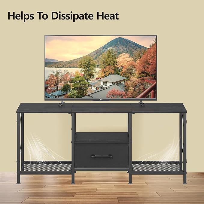 TV Stand with Fabric Drawer, Entertainment Center for 50 55 Inch TV, Industrial TV Console Table with Open Storage Shelves for Living Room, Bedroom, Black
