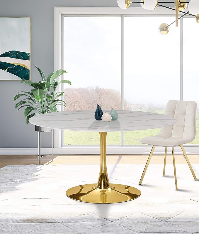 Meridian Furniture 975-T Holly Collection Modern | Contemporary Round Dining Table with Faux Marble Table Top and Rich Gold Base, 48" W x 48" D x 29.5" H