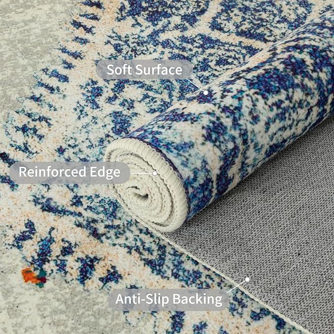 Easy-Going Round Rug 6ft Area Rug Washable Boho Circle Rugs for Living Room Non-Slip Bedroom Rug Low Pile Lightweight Medallion Distressed Throw Rug for Dining Room Kitchen Office, Vintage Blue Cream