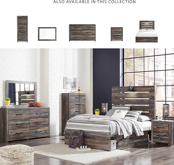 Signature Design by Ashley Drystan Rustic Full Panel Platform Bed with 4 Storage Drawers, Open Cubbies, Sconce LED Light and USB Ports, Foundation or Box Spring Not Needed, Dark Brown & Gray