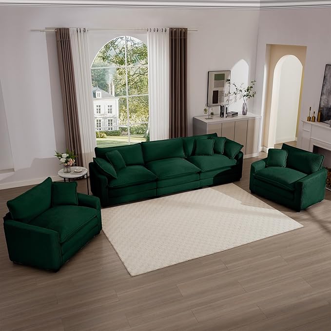 KEIKI 3-Piece Sofa Set with 1 Oversized Corduroy 3-Seater Sofa & 2 Single Sofa, Upholstered 5-Seater Couch Set with 7 Pillow, High-Density Foam Cushions, Removable Armrests, for Living Room, Green
