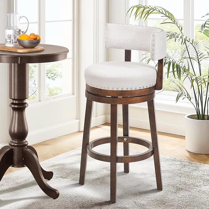 COLAMY Swivel Bar Stool, 30 Inch Swivel Counter Height Bar Chair, Wood Modern Upholstered Barstools with Back for Kitchen Island Dining Room, Beige