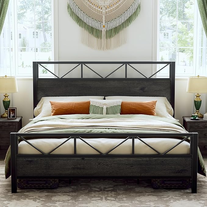 LIKIMIO King Bed Frame, Tall Industrial Headboard 51.2 ", Platform Bed Frame with Strong Metal Support, Solid and Stable, Noise Free, No Box Spring Needed, Easy Assembly, Charcoal Grey