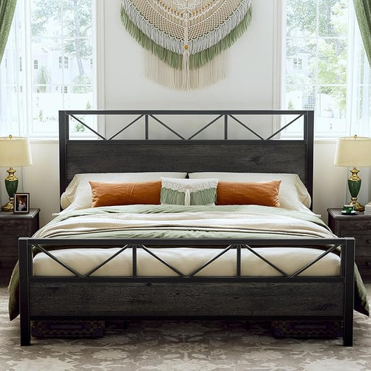 LIKIMIO King Bed Frame, Tall Industrial Headboard 51.2 ", Platform Bed Frame with Strong Metal Support, Solid and Stable, Noise Free, No Box Spring Needed, Easy Assembly, Charcoal Grey