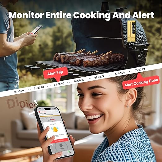 (Luxury Walnut Wood) WiFi Sub-1G Wireless Meat Thermometer Unlimited Range 7 NIST Certified Sensors with Ambient Temp 2 Temp Monitoring Ways Digital Smart Base and App for Smoker, Grill, Oven
