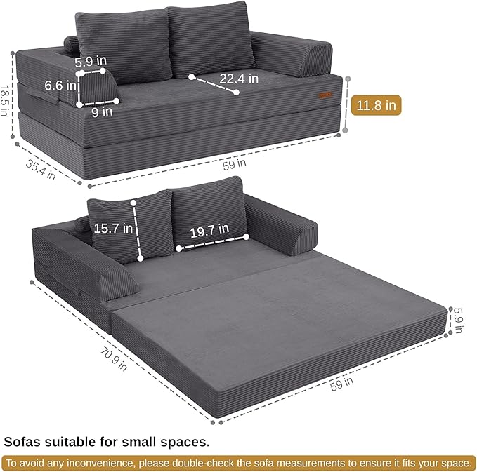 COMAX Convertible Sofa Bed, Folding Floor Couch Corduroy Fold Out Couch Bed Futon Sleeper Mattress with Pillows, Boneless Sofa Lounge Loveseat for Living Room, Grey