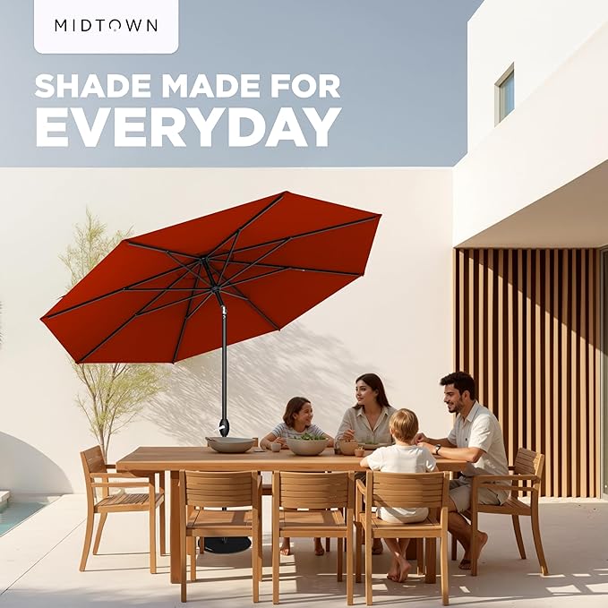 Midtown Umbrellas - 10-Year-No-Fade 8 Ft Patio Umbrella with Terylast Fabric, Auto-Tilt Aluminum Frame and 8 Reinforced Ribs for Deck, Pool, Garden & Beach - Apple Red Canopy, Black Pole