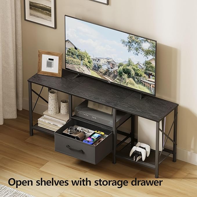 TV Stand with Fabric Drawer, Entertainment Center for 50 55 Inch TV, Industrial TV Console Table with Open Storage Shelves for Living Room, Bedroom, Black