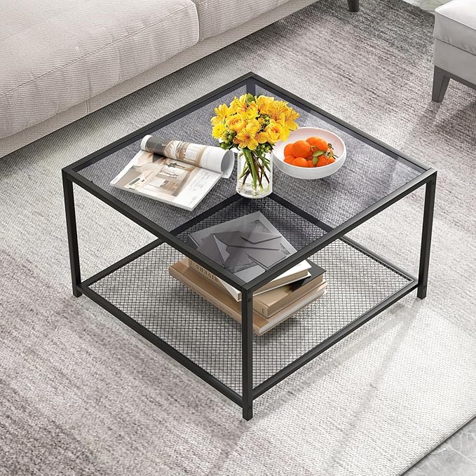Giantex 27.5" Square Coffee Table - Tempered Glass Center Table w/Bottom Storage Shelf & Metal Frame, Modern Accent Table for Small Space, Living Room, Home, Office (2-Tier, Gray)