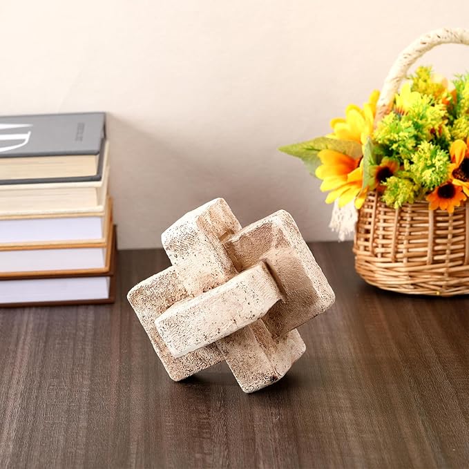 3 Link Knot Decor 5 Inch Dia Hand Carved Decorative Knot Natural Brown Resin Chain Link Decor, Modern Shelf Entryway Objects for Home Living Room Farmhouse Bedroom