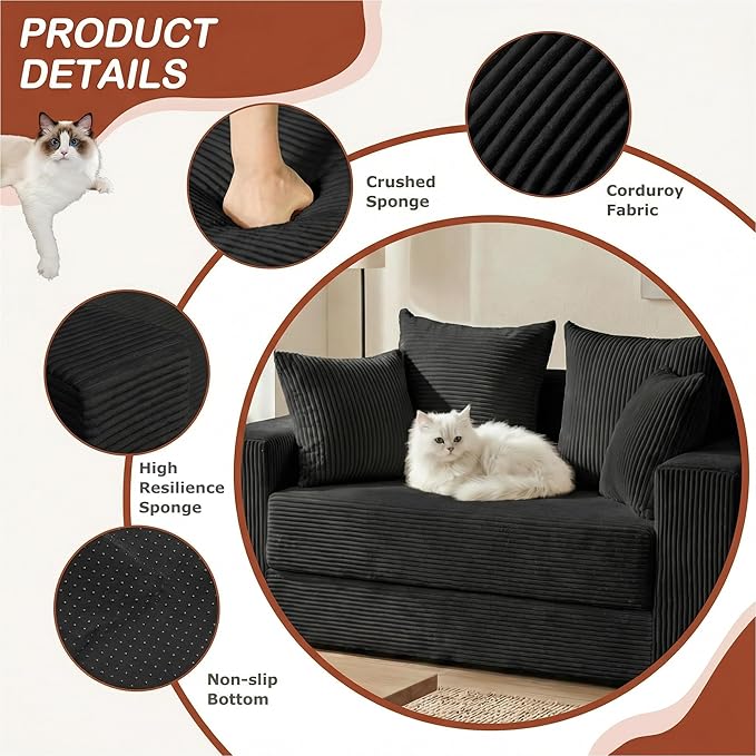 Convertible 5 in 1 Futon Sofa Bed Full Size, Corduroy Boneless Couch Sleeper Sofa with 4 Pillows, Foldable Pull Out Loveseat Floor Mattress for Living Room, Apartment, Small Space & Dorm
