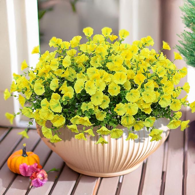 LikSoor 16 Bundles Artificial Flowers Outdoor Spring Summer Decoration Fake Silk Colorful Daisy Eucalyptus Realistic UV Outside Faux Plants for Garden Porch Window Box Home Decor Morning Glory Yellow