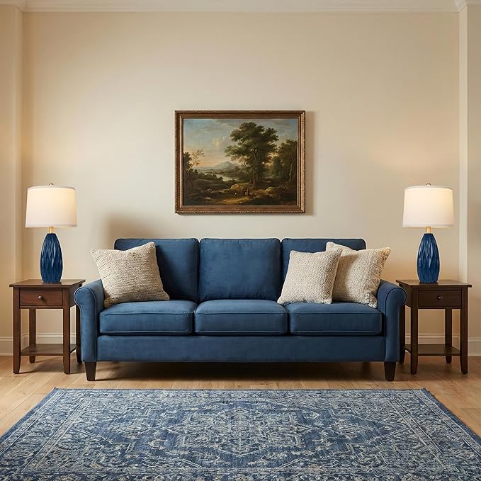 Modern Table Lamp for Living Room, Bedside Lamp Set of 2, Navy Blue Resin Table Lamp, Bedroom Lamp for Nightstand with Linen Shade, Diamond-Shaped Lamp Body,Desk Lamp for House Dorm(2 Bulbs Included)