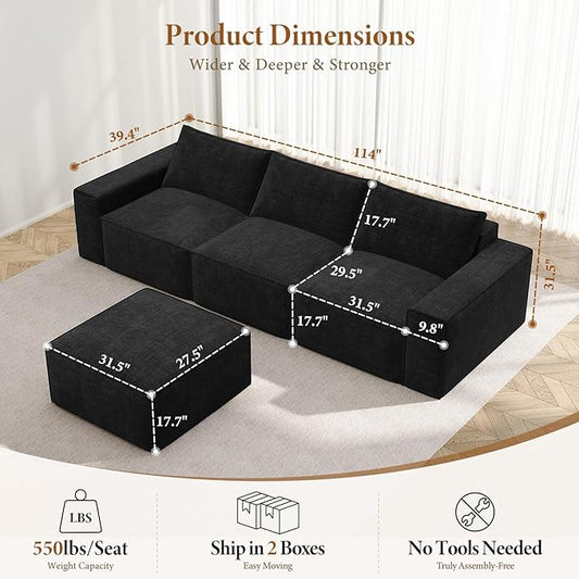 Vesgantti 114" Modular Boneless Couch, Convertible Chenille L Shaped Cloud Couches for Living Room, Modern Cozy Sectional Sofa with Deep Seat, No Assembly Required, Black