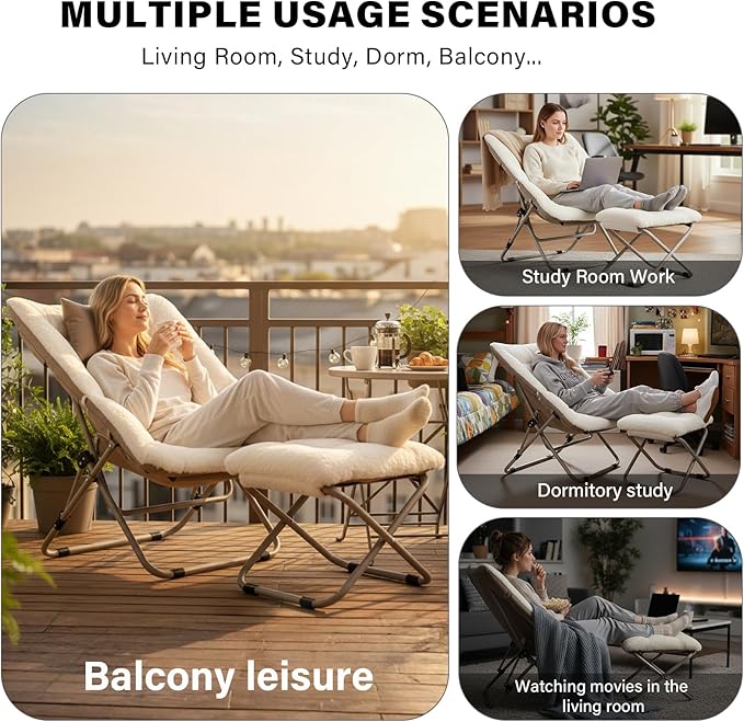 Tiita Folded Chair with Straight Ottoman, Soft Faux Fur Oversized Folding Accent Chair,Lazy Chair, Metal Frame Moon Chair for Bedroom, Living Room, Dorm Rooms, Garden and Courtyard, Beige