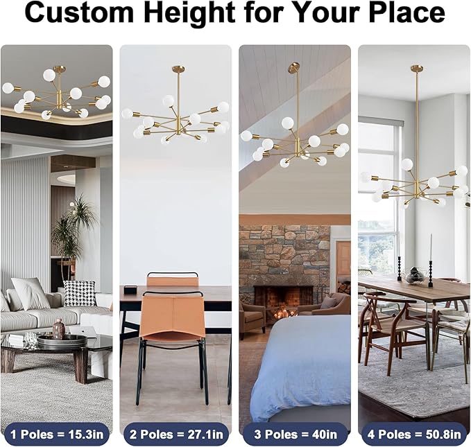 Modern Sputnik Chandeliers Light, 12-Light Gold Gold Dining Room Chandelier Over Table, Height Adjustable Industrial Semi Flush Mount Mid Century Chandelier for Kitchen Island Living Room