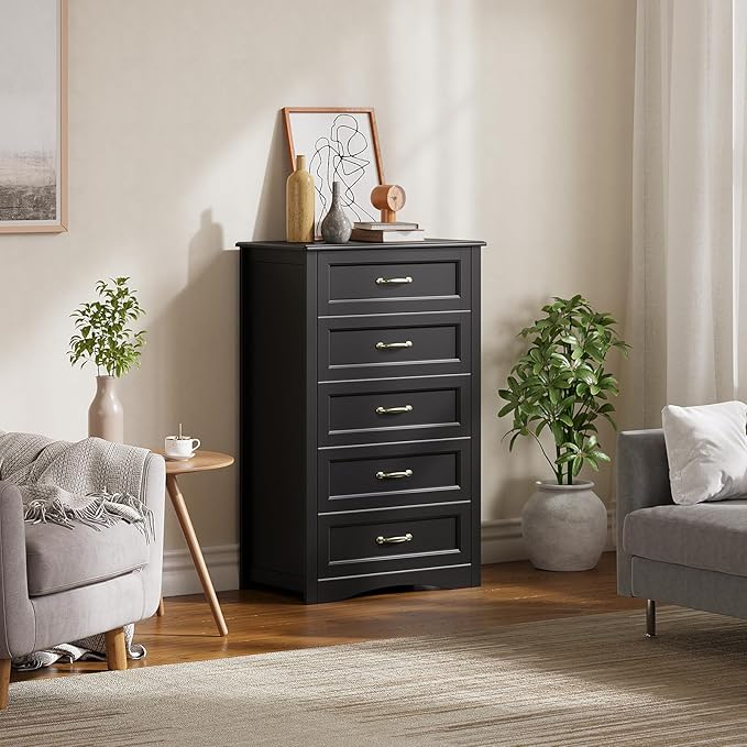 Gizoon 5 Drawer Dresser, Black Wood Chest of Drawers for Bedroom, 43.3" Large Capacity Storage Cabinet with Anti-Tip Device, for Clothes, Living Room, Hallway, Office