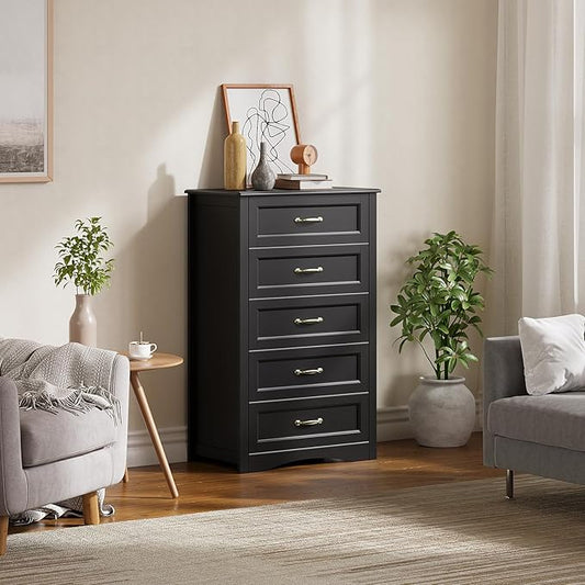 Gizoon 5 Drawer Dresser, Black Wood Chest of Drawers for Bedroom, 43.3" Large Capacity Storage Cabinet with Anti-Tip Device, for Clothes, Living Room, Hallway, Office