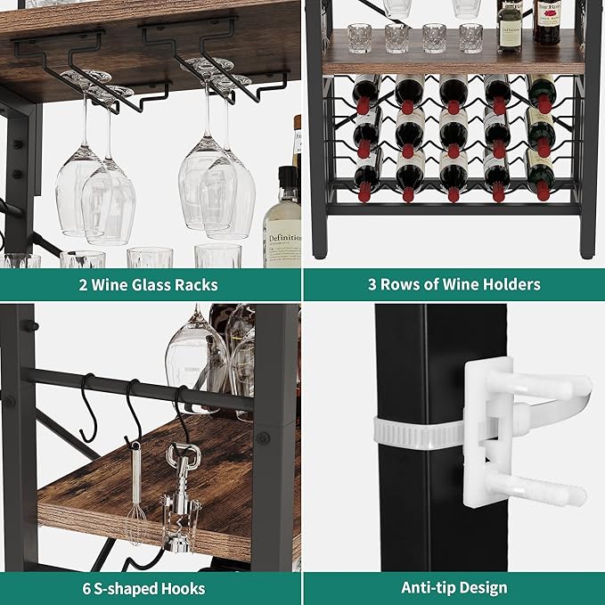 YITAHOME Kitchen Microwave Bakers Stand with Wine Rack, Wine Rack Freestanding Floor Small Storage Shelves for Liquor Bottle Glasses Power Outlet Farmhouse Coffee Bar 31 Inch, Rustic Brown