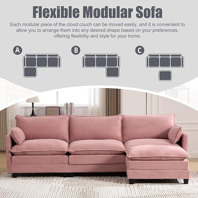 103" Oversized Modular Sectional Sofa Couch with Reversible Ottoman, Free Combination Convertible Corner Couch,Corduroy Upholstered Cloud Sectional Couch with Side Pockets | Multiple Cushions, DIY Combination, Removable Cover