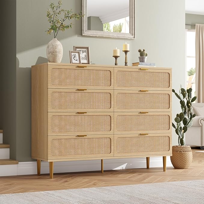 GarveeHome Rattan 8 Drawer Dressers for Bedroom, Tall Dresser with Deep Drawers, Large Chest of Drawers for Closet with Wide Top, Long Wooden Dresser for Living Room, Hallway, Kids Room, Natural