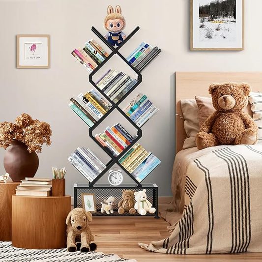 HI NINGER Tree Bookshelf,9 Tier Folding Bookshelf with Storage Cabinet, Tall Narrow Bookshelves Organizer,Bookcase Tower,Tall Floor Standing Book Organizer for Living Room/Bedroom/Home Office/Corner