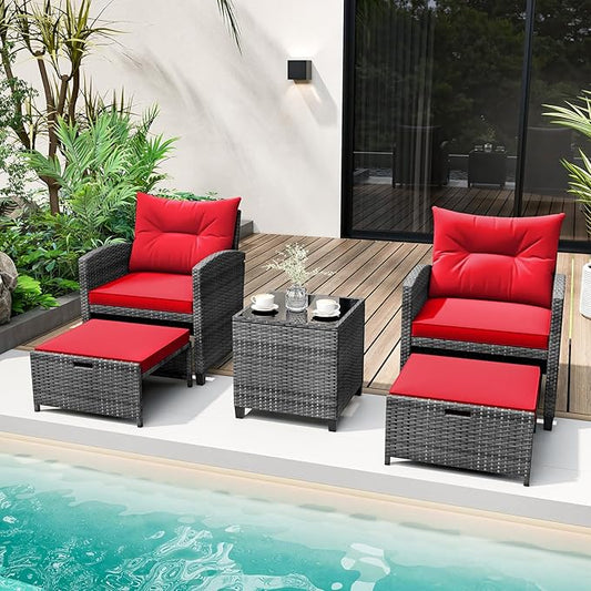 Tangkula 5 Pieces Patio Conversation Set, PE Wicker Rattan Outdoor Furniture Set with 2 Chairs, 2 Ottomans & Tempered Glass Coffee Table, Ideal for Poolside, Backyard, Lawn, Deck, Mix Grey & Red