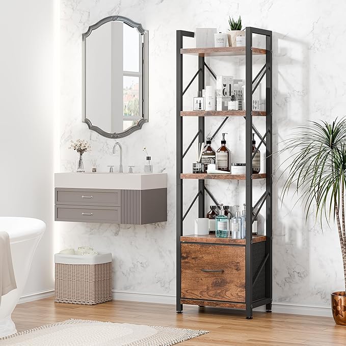 Shintenchi Bookshelf, 5 Tier Bookcase with Drawer, Modern Tall Bookshelves Storage Organizer, Industrial Book Shelves for Bedroom, Living Room, Office, Rustic Brown